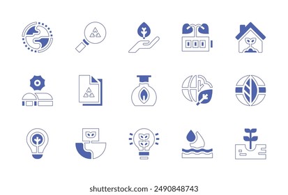 Environment icon set. Duotone style line stroke and bold. Vector illustration. Containing battery, testtube, environmentalprotection, environment, greenearth, ecohouse.