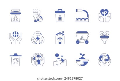 Environment icon set. Duotone style line stroke and bold. Vector illustration. Containing sustainability, environment, planetearth, ecology, recyclebin, dump, filter, ecohome.