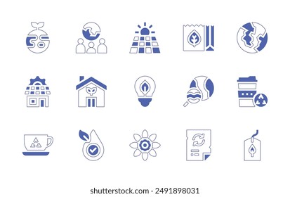 Environment icon set. Duotone style line stroke and bold. Vector illustration. Containing solarpanel, socialscience, ecohouse, renewableenergy, greenearth, search, recycle.