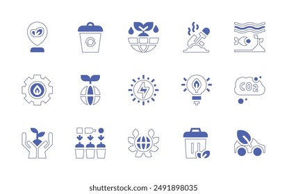 Environment icon set. Duotone style line stroke and bold. Vector illustration. Containing sea, ecology, eco, recyclebin, earth, idea, manure, greencity, renewableenergy, carbondioxide.