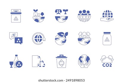 Conjunto de iconos de entorno. Trazo de línea de estilo duotono y negrita. Ilustración vectorial. Conteniendo mundo, tierra, sostenible, global, papel, bosque, reciclaje, ecológico, reciclaje de vidrio, papelera.