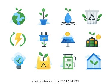 Conjunto de iconos de entorno. Ecología, energía renovable, panel solar, batería, tierra, agua, paquete vectorial. Idóneo para muchos fines.