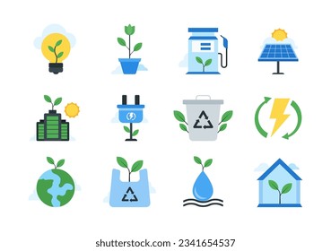 Conjunto de iconos de entorno. Ecología, energía renovable, panel solar, batería, tierra, agua, paquete vectorial. Idóneo para muchos fines.