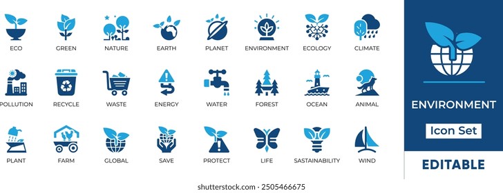 environment icon set featuring eco-friendly themes like pollution, recycling, energy, water, forest, ocean, animal, plant, farm, and sustainability. Perfect for eco-conscious designs!