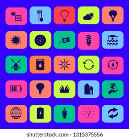 environment icon set with hydraulic energy, fluorescent bulb and solar panel vector illustration