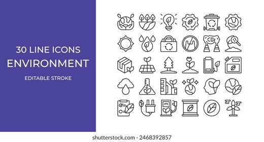 Environment icon set illustration vector editable stroke. battery, recycle, plants, and more