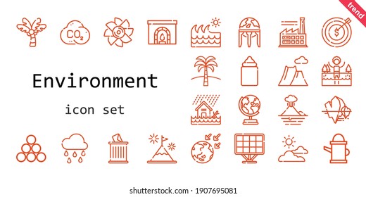 environment icon set. line icon style. environment related icons such as factory, turbine, chimney, earth globe, feeder, co2, raining, industry, flood, wave, trash, target, palm tree, cloudy, mountain