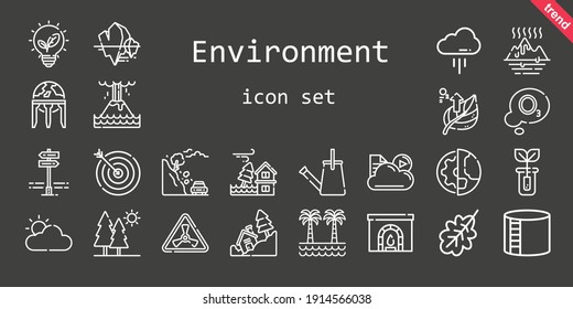 conjunto de iconos de entorno. estilo de icono de línea. iconos relacionados con el medio ambiente como chimenea, brote, globo terrestre, paneles, deslizamiento de tierra, hojas, árboles, ozono, hoja de roble, inundación, objetivo, nube, nublado, palmera