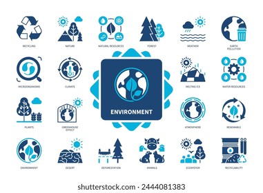 Conjunto de iconos de entorno. Reciclaje, Atmósfera, Microorganismos, Clima, Naturaleza, Clima, Recursos Naturales, Ecosistema. Iconos sólidos de color de duotono