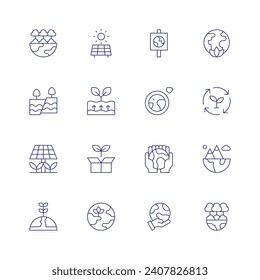 Environment icon set. Thin line icon. Editable stroke. Containing forest, solar panel, tectonic plates, geothermal energy, sustainable, ecology, globe, environment, sustainability, planet earth, hand.