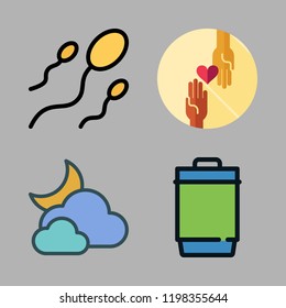 environment icon set. vector set about charity, cloudy, sperm and garbage bin icons set.