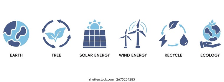 Environment icon set vector illustration concept relate to earth, tree, solar energy, wind energy, recycle, ecology