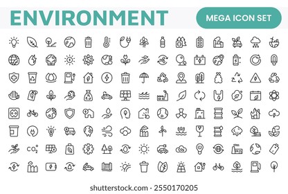 Environment Icon Set. A vibrant collection of icons promoting sustainability and eco-friendliness, environmental awareness and conservation efforts.