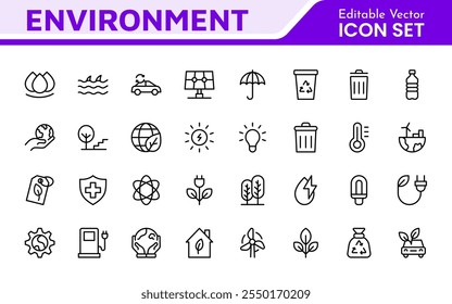 Conjunto de Ícones de Ambiente. Uma coleção vibrante de ícones que promovem a sustentabilidade e a eco-sustentabilidade, a consciência ambiental e os esforços de conservação.