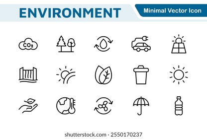 Environment Icon Set. A vibrant collection of icons promoting sustainability and eco-friendliness, environmental awareness and conservation efforts.