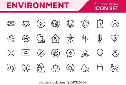 Environment Icon Set. A vibrant collection of icons promoting sustainability and eco-friendliness, environmental awareness and conservation efforts.