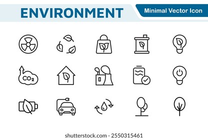 Environment Icon Set. A vibrant collection of icons promoting sustainability and eco-friendliness, environmental awareness and conservation efforts.