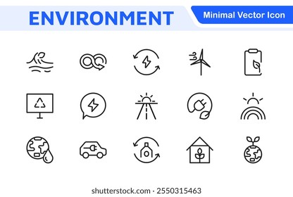 Environment Icon Set. A vibrant collection of icons promoting sustainability and eco-friendliness, environmental awareness and conservation efforts.