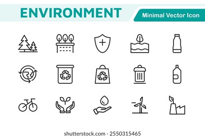 Environment Icon Set. A vibrant collection of icons promoting sustainability and eco-friendliness, environmental awareness and conservation efforts.