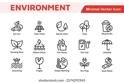 Environment Icon Set. A vibrant collection of icons promoting sustainability and eco-friendliness, environmental awareness and conservation efforts.