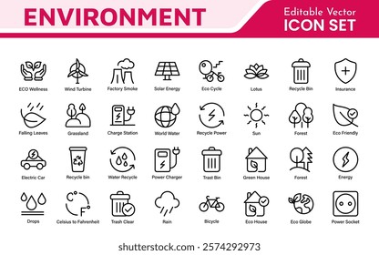 Environment Icon Set. A vibrant collection of icons promoting sustainability and eco-friendliness, environmental awareness and conservation efforts.