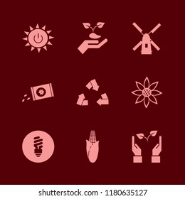 environment icon. environment vector icons set solar power, hands sprout, windmill and fluorescent bulb