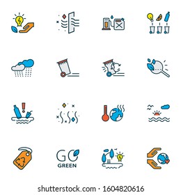 Environment icons colored line set with gas can, sea landscape, tag with recycle sign world temperature elements. Isolated vector illustration environment icons.