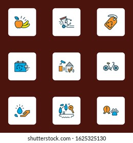 Environment icons colored line set with bike, rare animals, fruits and other label elements. Isolated vector illustration environment icons.