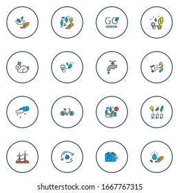 Environment icons colored line set with water cycle, trash sorting, rechargeable box and other healthcare elements. Isolated vector illustration environment icons.
