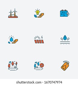 Environment icons colored line set with rechargeable box, save the water, eia approved and other sun panel elements. Isolated vector illustration environment icons.