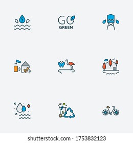 Environment icons colored line set with water tank, clean water, bike and other reservoir elements. Isolated vector illustration environment icons.