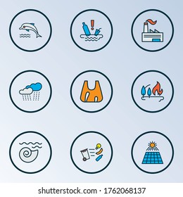 Environment icons colored line set with water pollution, seashell, fire in forest and other mollusk elements. Isolated vector illustration environment icons.