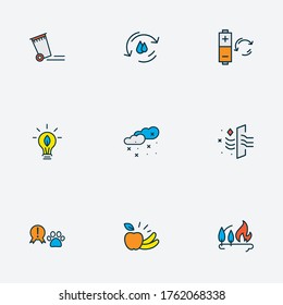 Iconos ambientales coloridos con baterías recargables, bombilla ecológica, ciclo de agua y otros elementos energéticos. Iconos de entorno de ilustración vectorial aislados.