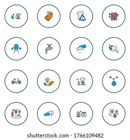 Umweltsymbole farbige Linie gesetzt mit Gasdose, Wasserkran, Wiederverwendung Kleidung und andere Luftverschmutzung Elemente. Isolierte Vektorgrafik-Umgebungssymbole.