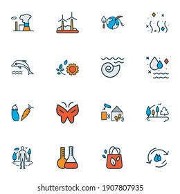 Environment icons colored line set with fresh air, afforestation, vegetables and other fin elements. Isolated vector illustration environment icons.