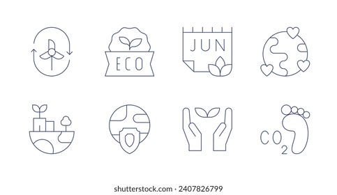Umweltsymbole. Bearbeitbarer Strich. Mit Windkraft, Liebe, nachhaltiger CO2-Fußabdruck, Öko, Welttag der Umwelt, Umweltschutz.