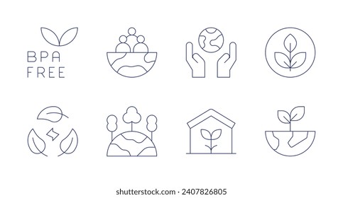 Environment icons. Editable stroke. Containing bpa free, non toxic, sustainability, community, protect, green planet, eco house, plant.