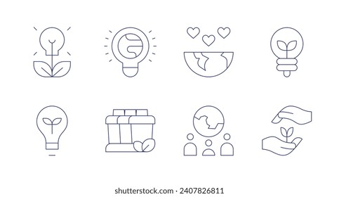 Environment icons. Editable stroke. Containing bio, light bulb, eco light, recycling container, world, social science, growth.