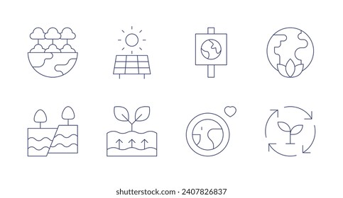 Iconos de entorno. Trazo editable. Conteniendo bosque, panel solar, placas tectónicas, energía geotérmica, medio ambiente, sostenibilidad.