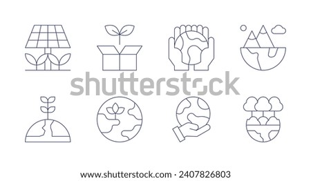 Environment icons. Editable stroke. Containing solar panel, sustainable, ecology, globe, planet earth, hand.