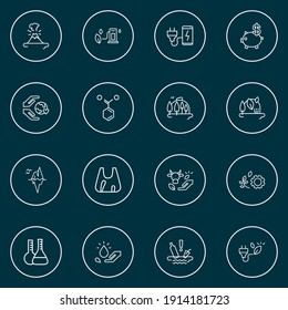 Environment icons line style set with forest, bio energy, chemical formula and other forest elements. Isolated vector illustration environment icons.
