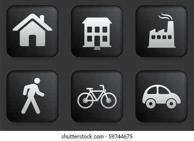 Environment Icons on Square Black Button Collection Original Illustration