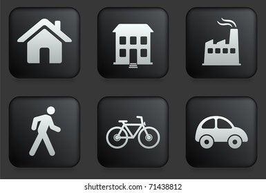 Iconos de entorno en la colección de botones negros cuadrados Ilustración original