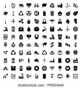 Environment icons. set of 100 editable filled environment icons such as plant, leaf, mill, hand with seeds, pine tree, trash bin, dragonfly, beetle, elephant, factory, house