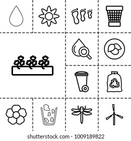 Environment icons. set of 13 editable outline environment icons such as leaf, mill, dragonfly, trash bin, trash bag, family footprint, sprout plants, flower