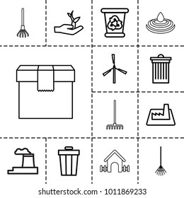 Environment icons. set of 13 editable outline environment icons such as mill, trash bin, recycle bin, rake, factory, plant on hand, house, water drop
