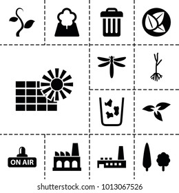Environment icons. set of 13 editable filled environment icons such as plant, sprout, open air, tree, factory, trash bin, leaf, dragonfly