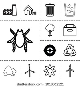 Environment icons. set of 13 editable outline environment icons such as target, mill, beetle, house, box, tree, recycle, flower, trash bin, factory