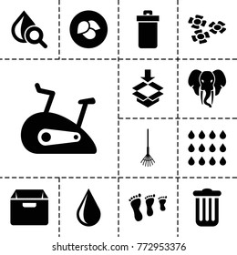 Environment icons. set of 13 editable filled environment icons such as leaf, trash bin, water drop, family footprint, rake, drop under magnifier, box, drop, exercise bike