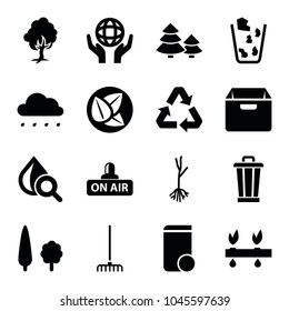 Environment icons. set of 16 editable filled environment icons such as sprout, drop under magnifier, plant, holding globe, open air, tree, recycle, leaf, pine tree, trash bin